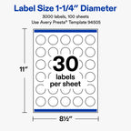 Avery® Matte White Round Labels, 1.25" Diameter, 3000 Total 3,000 labels