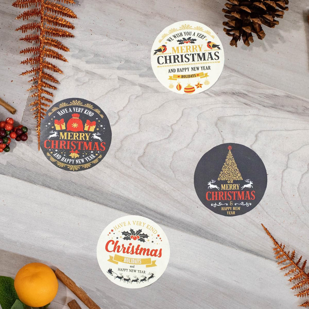 Merry Christmas and Happy New Year Stickers – 2.5 Inch Round Holiday Labels, Roll of 100 with 4 Festive Designs – Adhesive Circle Stickers, Made in The USA