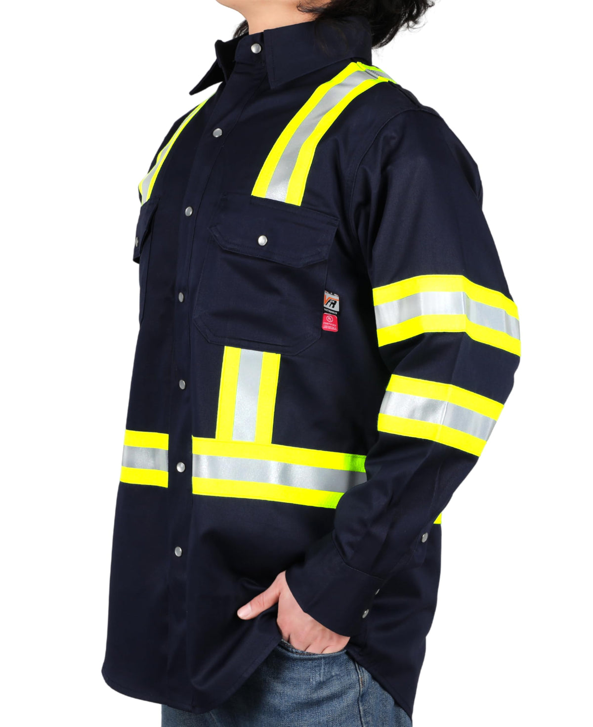VATRENUS FR Shirt High Visibility Pearl Snaps7.5oz 100% Cotton CAT2 Flame Retardant Hi Vis Reflective Safety Shirt Medium Navy