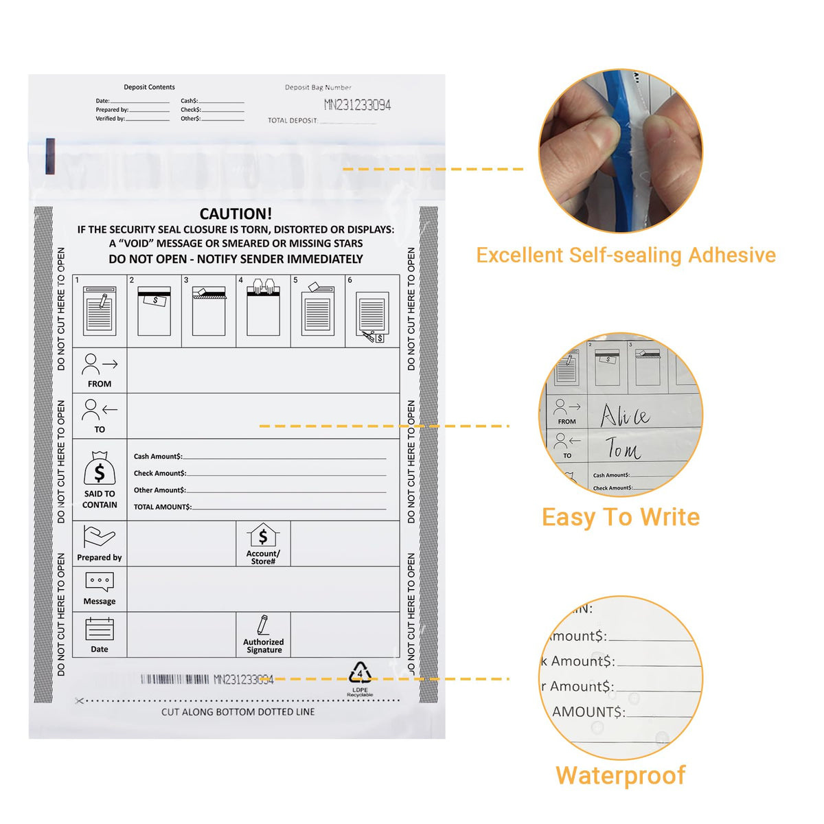100 Pack 9" x 12" Tamper-Evident Deposit Bags with Security Tape Tamper Evident Security Pocket Bank Deposits Bags (5) 9 x 12 Inch Tamper-Evident(100pack)