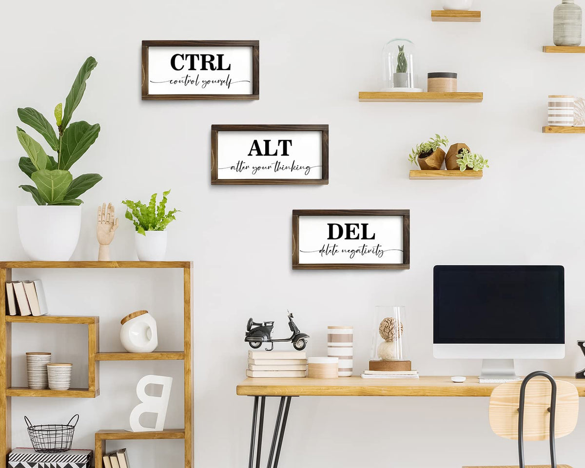 Pinetree Art Motivational Wall Decor for Office, Set of 3 Rustic Wooden Framed Signs, CTRL ALT DEL Inspirational Wall Art for Home Office, Classroom, Desk Wall, Positive Mindset Decor, (6"x12"x3) 6"x12"x3 rusitc