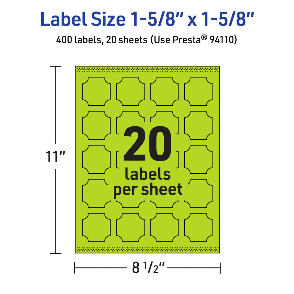 Avery® Printable Square Scalloped Labels, Sure Feed® Technology, 1-5/8" x 1-5/8", Bright Green Labels, Print-to-The-Edge, Laser/Inkjet Printable, 400 Total, Great for Cosmetics and Jars 400 labels