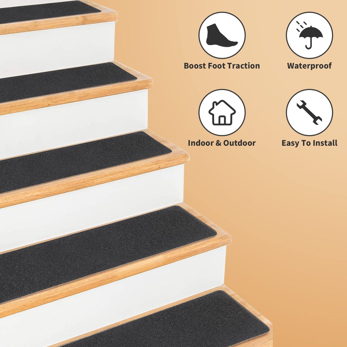 3 Pack Black Anti-Slip Strips 6 Inch x 24 Inch Non Slip Stair Treads Outdoor Tape for Staircase, Skateboard, Deck (Durable & Waterproof) 3