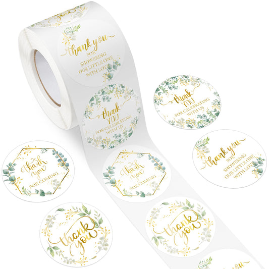 Lewtemi 500 Pcs Baby Shower Thank You Stickers Greenery 2 Inch Circle Round Thank You Label Sticker for Coming Wedding Green Leaves Favors for Baby Shower Bridal Wedding Birthday Party Supplies