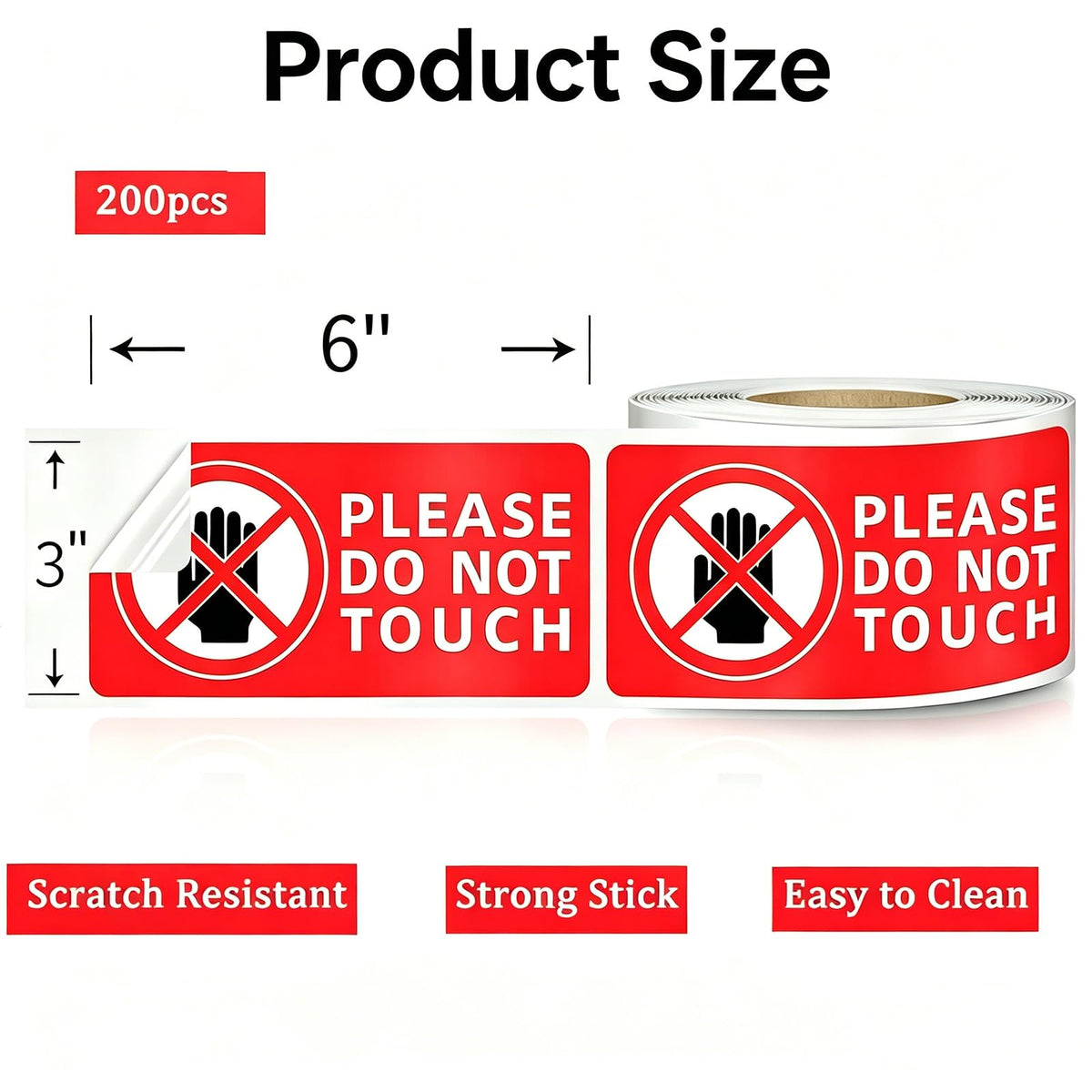 Please Do Not Touch Warning Stickers Tape, 200 Pcs Please Don't Touch Sign, 3" x 6" Safety Label Sticker, Removable Waterproof Self-adhesive Vinyl Decal for Display Items, Personal Items, Business, Facilities