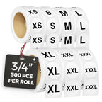 3,500 Pcs Clothing Size Stickers, 3/4 Inch Round Self-Adhesive Labels – 500 Per Roll, 7 Sizes (XS, S, M, L, XL, XXL, XXXL) – White Stickers with Black Text for Clothing and Retail Organization