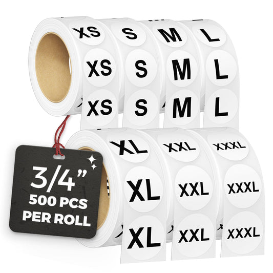 3,500 Pcs Clothing Size Stickers, 3/4 Inch Round Self-Adhesive Labels – 500 Per Roll, 7 Sizes (XS, S, M, L, XL, XXL, XXXL) – White Stickers with Black Text for Clothing and Retail Organization