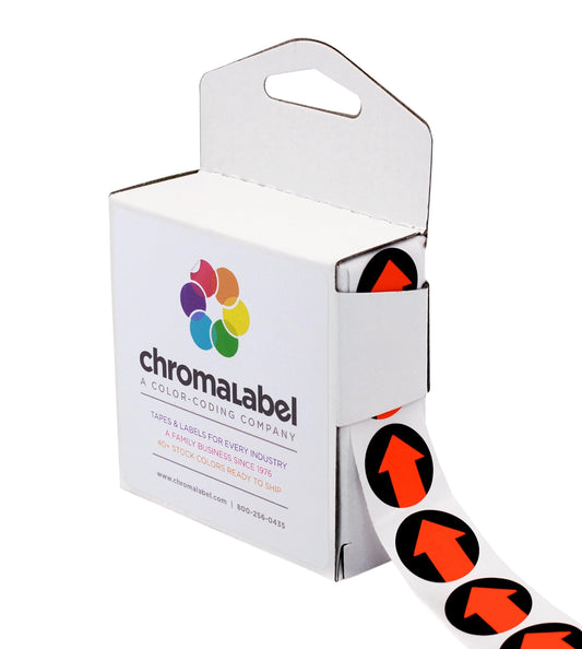ChromaLabel 0.75 Inch Arrow Dot Labels, 1000 Stickers per Dispenser Box, Fluorescent Red Orange