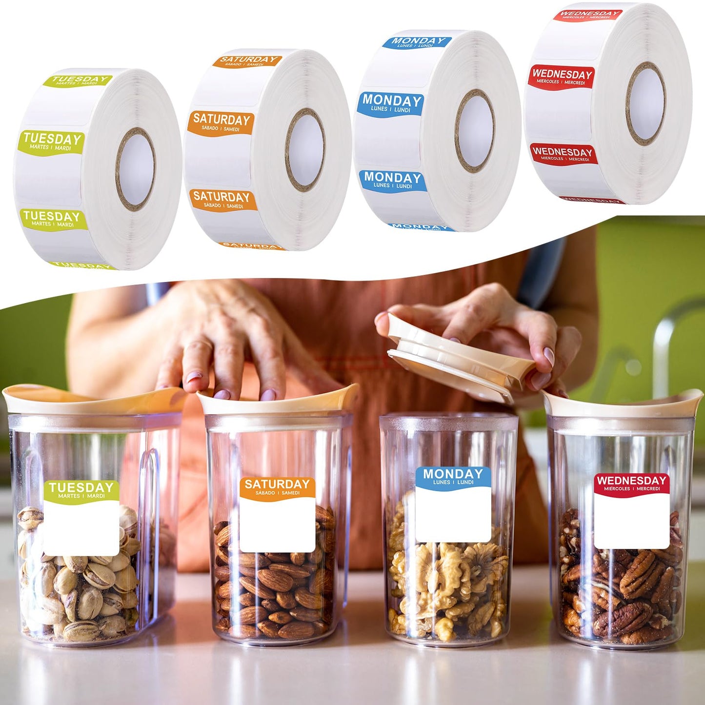 7000 Pcs Day of The Week Labels Food Labels Monday Through Sunday Management Inventory Stickers Removable Weekly Self Adhesive Date Dot Stickers for Restaurant Kitchen Containers (Square) Square