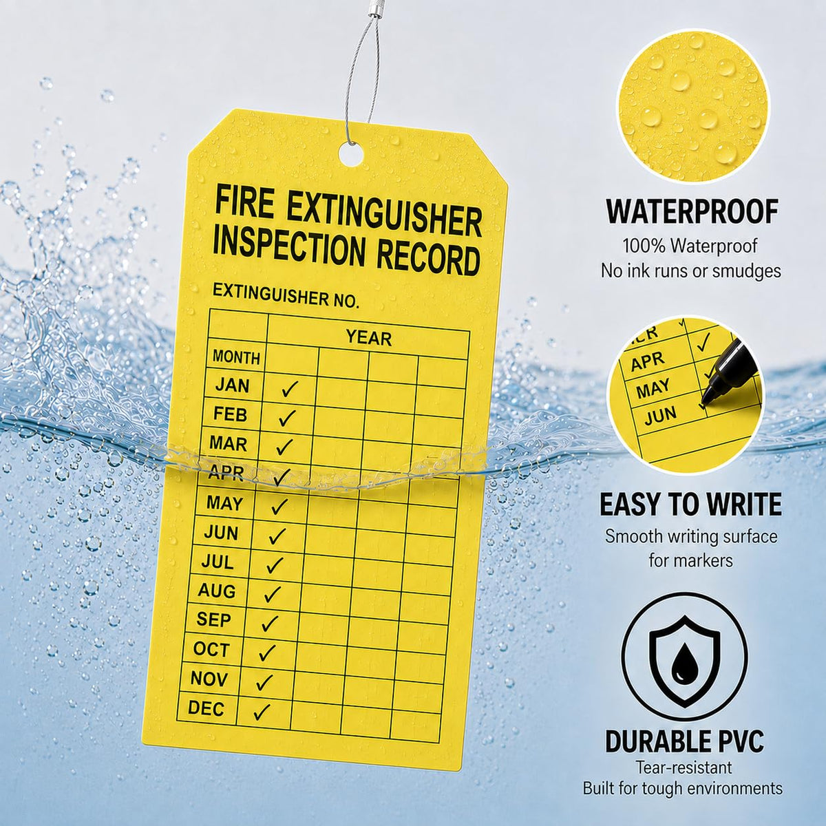 100 Pack Yellow Fire Extinguisher Monthly Inspection Tags Weatherproof PVC