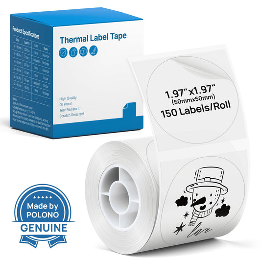 POLONO Thermal Labels for PM220S Label Maker, 1.97"x1.97" (50x50mm), Multi-Purpose Thermal Sticker Label Tape, Self-Adhesive Thermal Paper for Home, Office, 150 Labels/1Roll, Clear