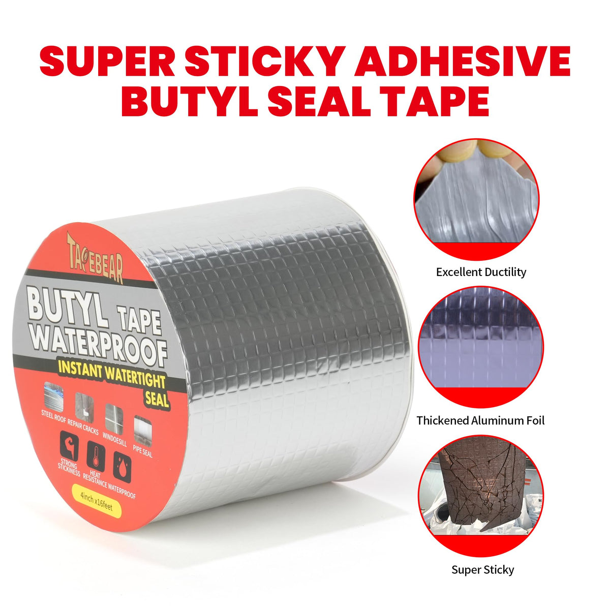 TAPEBEAR Butyl Tape Waterproof Sealing Tape 4inch x16feet, Upgraded Aluminum Foil Tape Heavy Duty for RV Repair, Awning, Window, Glass & EDPM Roof Leak Patching, Boat and Pipe Sealing, Silver 4inch x16.4feet 1