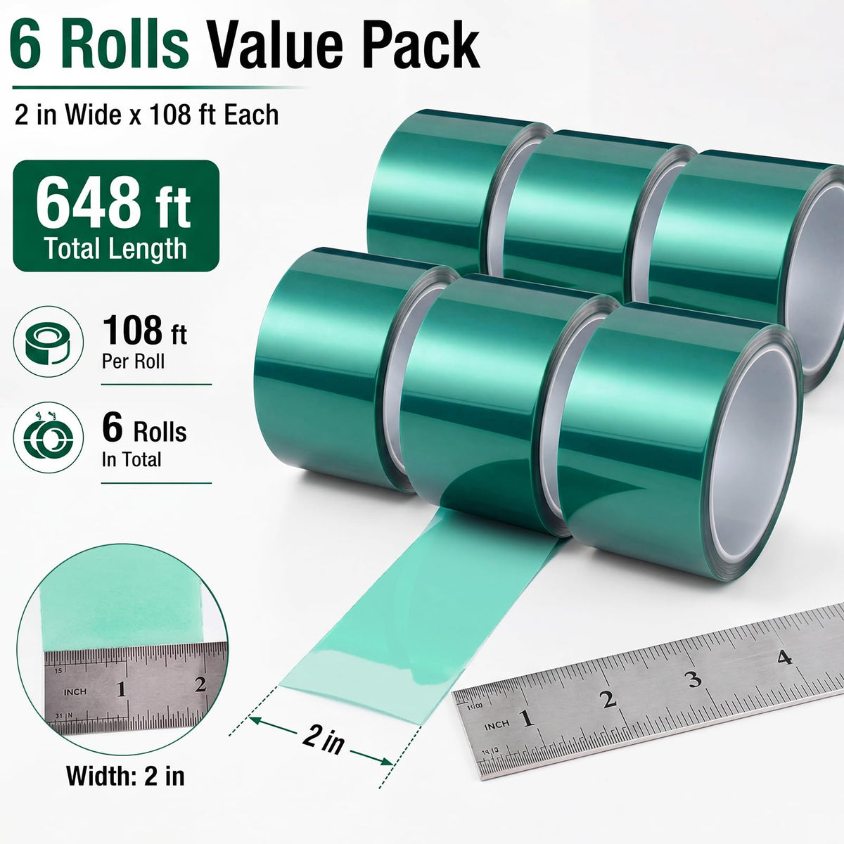 6 Pcs High Temp Tape Total 648 ft Green Pet Heat Resistant Masking Tape Sublimation Silicone Adhesive No Residue 392°f for DIY Epoxy Resin Powder Coating Circuit Board (2") 2"