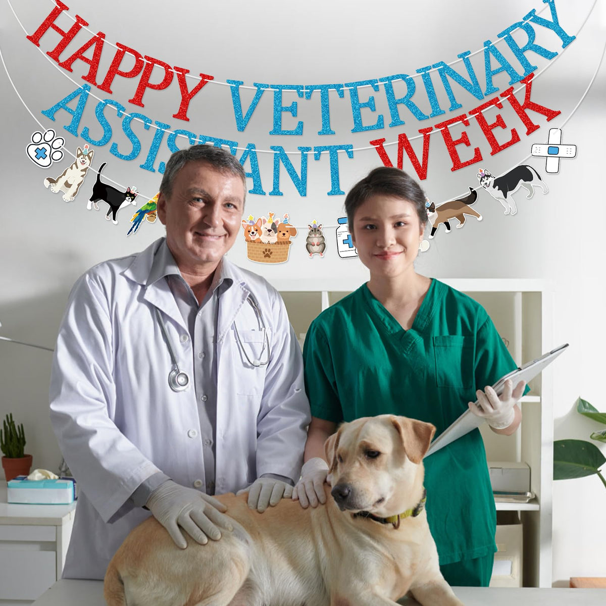 Qttier Happy Veterinary Assistant Week Banner, Pre-strung