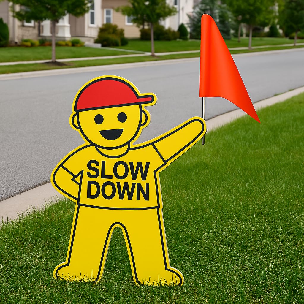 Kids Slow Down Sign with Flag for Yard – Caution Children at Play, Kids Playing Slow Down Marker for Neighborhood Street Safety (yellow) yellow