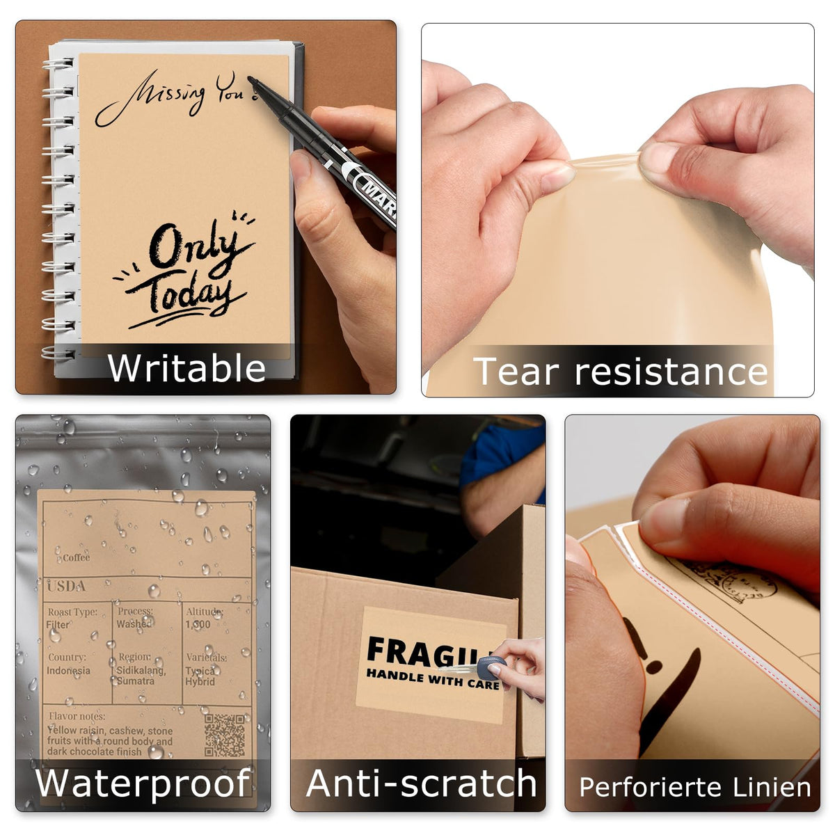 Khaki Thermal Labels 4 × 6 Inch Waterproof Vinyl Stickers 250 PCS Khaki