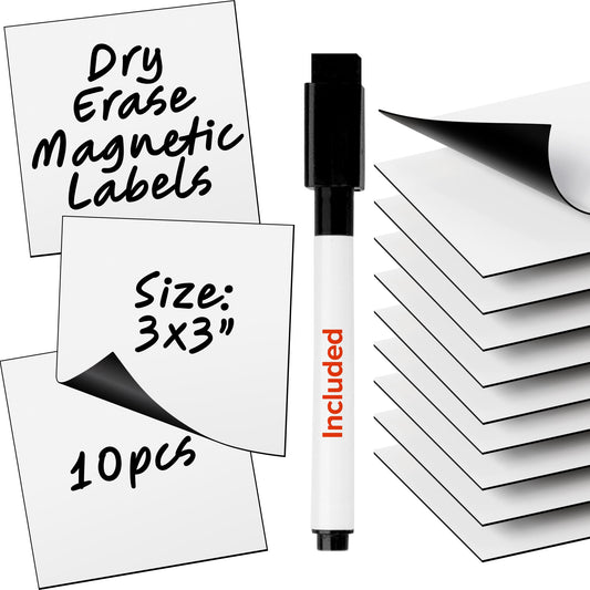 Dry Erase Magnetic Labels - Reusable Sticky Notes - Magnetic Notepads for Refrigerator - Dry Erase Magnetic Sheets - Blank Magnet Stickers to Write On - Magnets for Whiteboard Classroom Fridge 10 PCs (3"x3") White