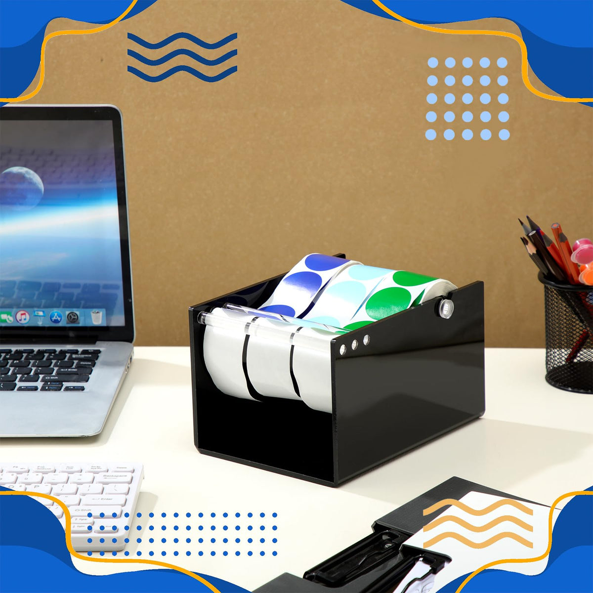 Reallnaive 1 Pcs Adjustable Label Dispenser 3 Disks Sticker Roll Holder Sticker Dispenser Black Label Roll Holder Acrylic Tape Organizer Stand for Office Home Desktop
