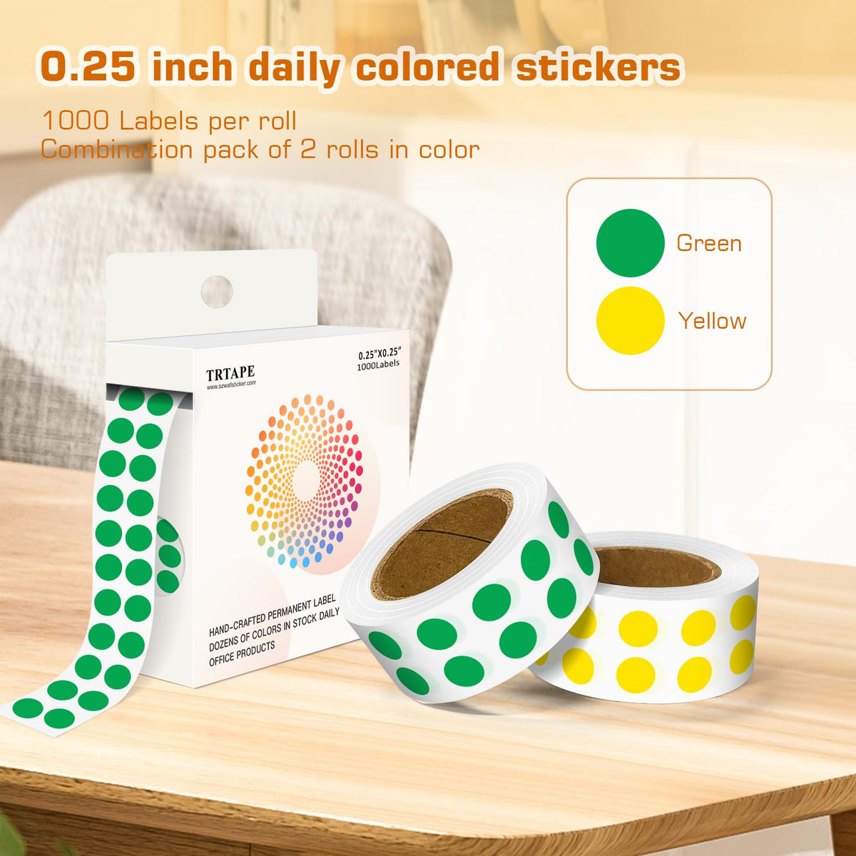 0.25 Inch Small Round Stickers Dot Stickers, 2000 PCS Color Dots Green Yellow 2 Rolls-2000PCS
