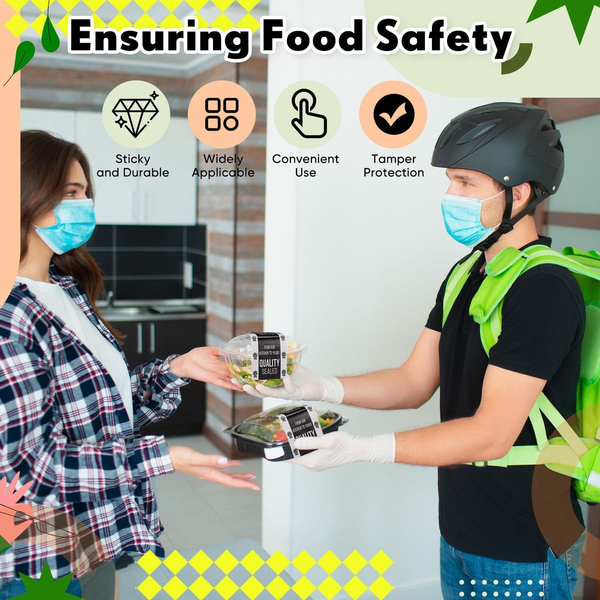 500 Pieces Tamper Evident Stickers 2 x 4 Inch Seal Proof Tape Safe Labels Sealed Tamper Proof Stickers for Drink Food Container Freshness Pizza Boxes Secure Food Delivery Black, White 500