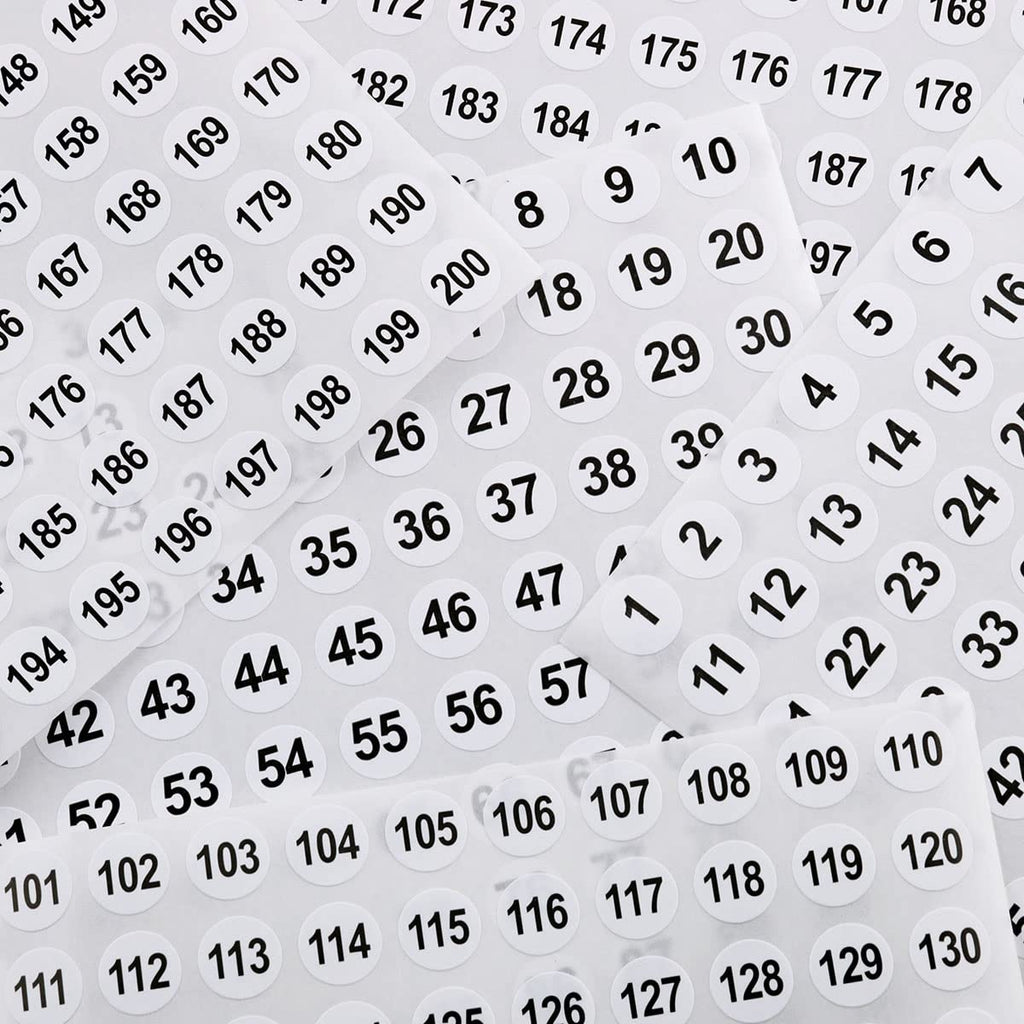 Vinyl Number Sticker 1-200, White on Black, 20 Sheets, 0.4 Inch Round, Self-Adhesive, Waterproof, Indoor Use, 2000 Pieces in Total