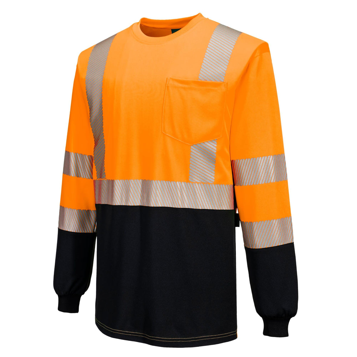 Portwest S197 Hi Vis Long Sleeve Safety Work T Shirt with Segmented Reflective Tape Breathable Moisture Wicking Crew Neck Pocket ANSI Class 3, Orange, 5X-Large Orange/Black