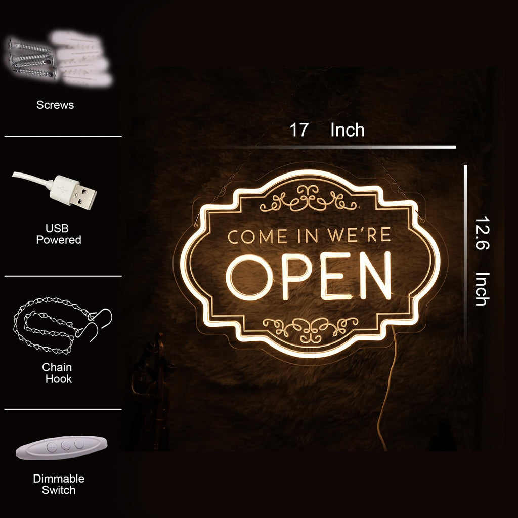 Open Neon Sign 17"x12.6", USB Powered LED Light for Store Decor door-white