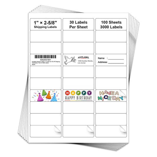 3000 Labels 100 Sheets 1" x 2-5/8" Address Label Sticker for Laser & Inkjet Printer - 30 Per Page Mailing Labels for Packages Adhesive, 30-up Return Address Labels 1" x 2-5/8" - 30 Per Page | 3000 Labels
