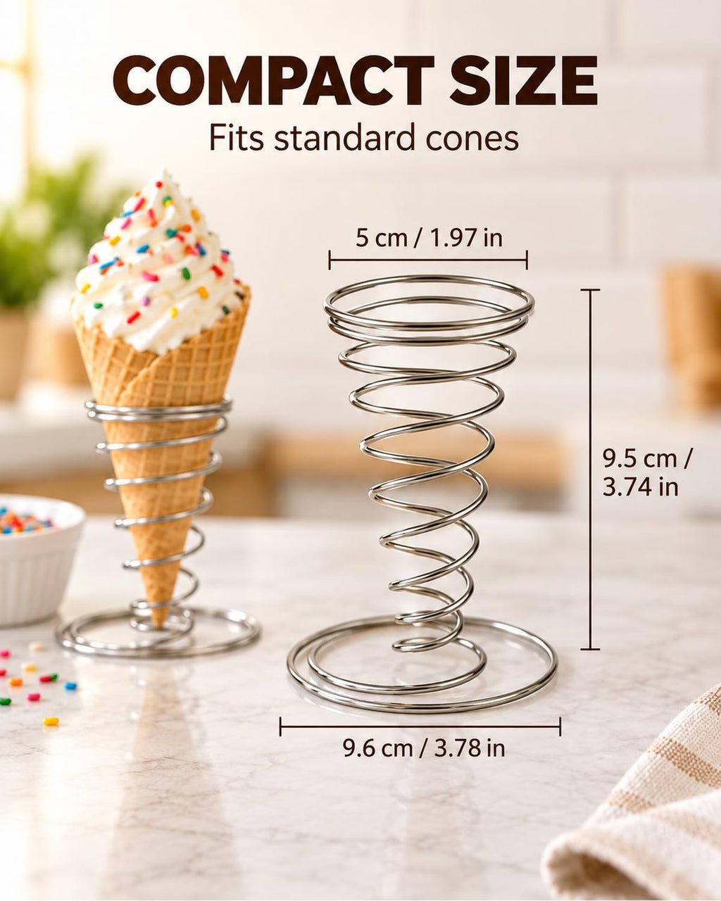 4 Pack Ice Cream Cone Holders, Stainless Steel Spiral Waffle Display Stands with Round Base for Sugar Cones, Pizza, Sushi, Parties, Catering and Dessert Tables