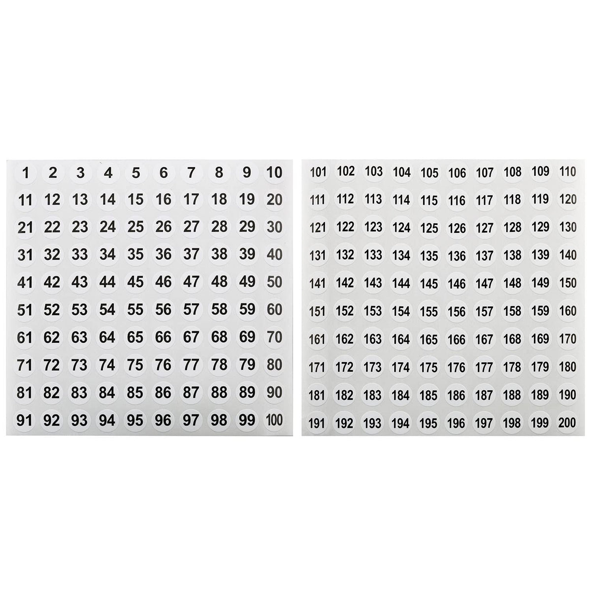 Vinyl Number Sticker 1-200, White on Black, 20 Sheets, 0.4 Inch Round, Self-Adhesive, Waterproof, Indoor Use, 2000 Pieces in Total