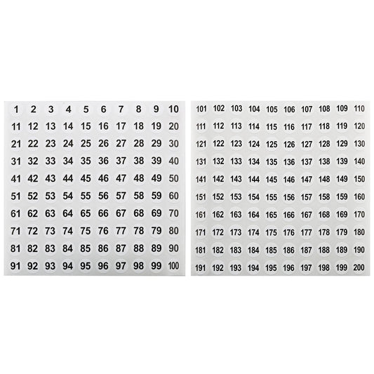 Vinyl Number Sticker 1-200, White on Black, 20 Sheets, 0.4 Inch Round, Self-Adhesive, Waterproof, Indoor Use, 2000 Pieces in Total