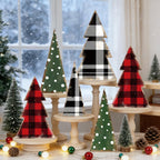 Whaline 6 Pcs Christmas Tree Wooden Signs Table Decor Buffalo Plaid Dots Xmas Wood Tabletop Signs Red Black Green Desktop Centerpieces for Holiday Home Tiered Tray Fireplace Party Decor