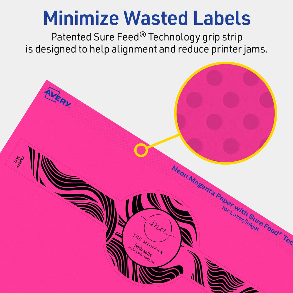 Avery® Printable Wraparound Band Labels, Sure Feed® Technology, 2-3/8" x 8", Neon Magenta Labels, Laser/Inkjet, 60 Total, Great for Soap Labels and Jar Labels 60 labels