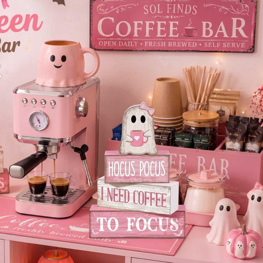 Moucuny 4 Pcs Pink Halloween Table Decor Ghost Wooden Stacked Block Decor Pink Coffee Ghost