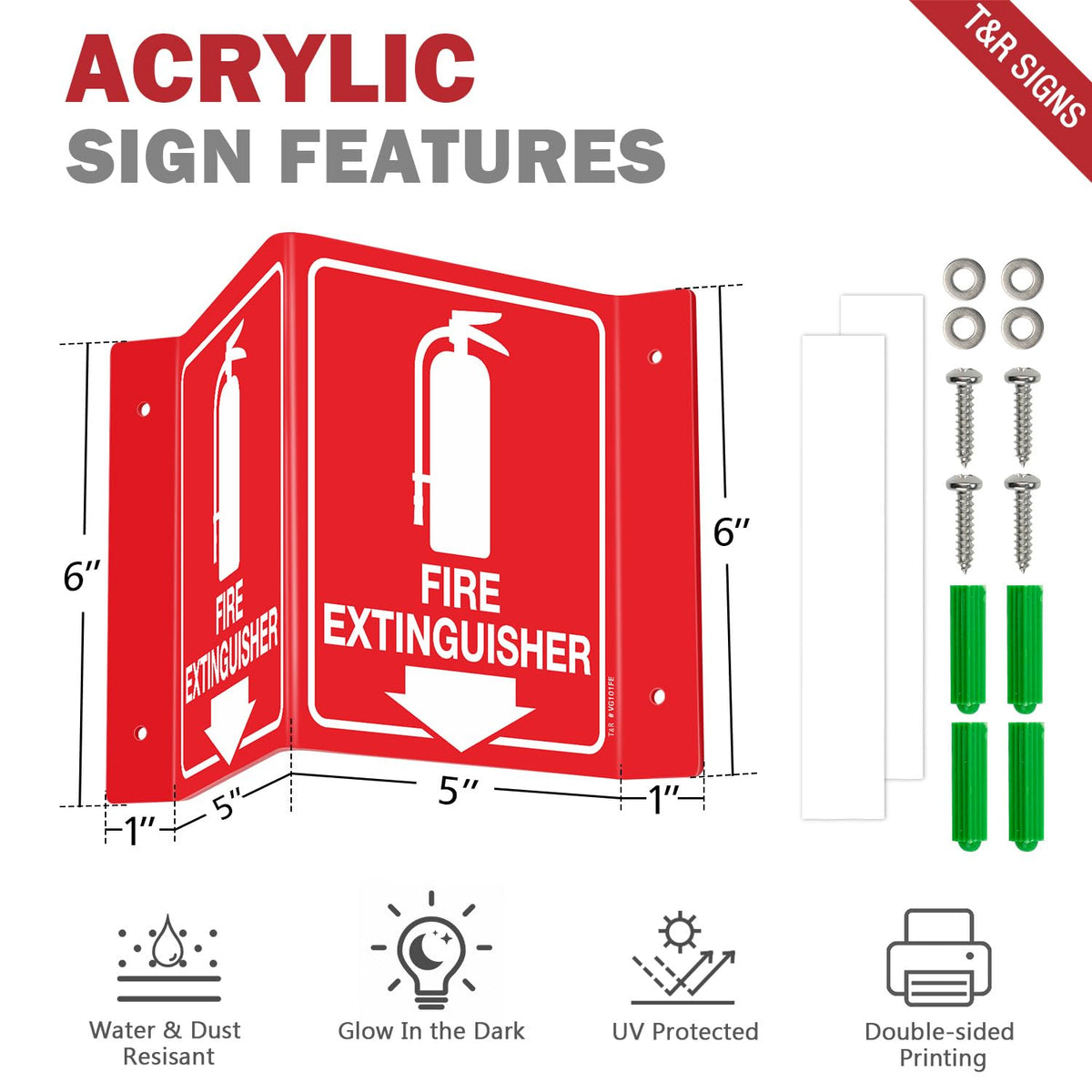T&R Fire Extinguisher Sign, Fire Extinguisher with Down Arrow - 4 Pack - 8 x 6 Inches Glow-In-The-Dark Acrylic, 4 pre-drilled holes, Includes Matching Screws, Use for Home Office/Business V - 4 Pack - Glow In The Dark