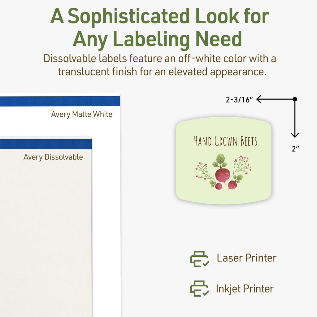 Avery Dissolvable Arched Square Labels, Sure Feed Technology, 2" x 2-3/16", Matte White, Print-to-The-Edge, Laser/Inkjet Printable, 120 Labels Total