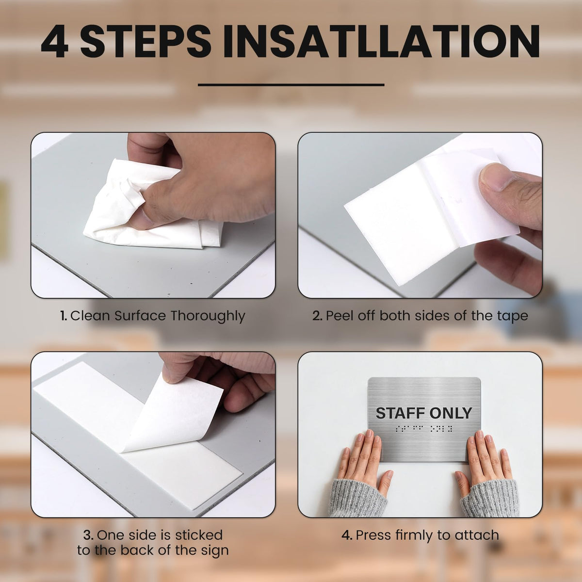 Staff Only Signs 4 Pack 6" x 8" with Braille and Tactile Identification ADA Compliant Siilver Door Sign for Offices Schools Malls Business Kitchen Silver/Black-Staff Only