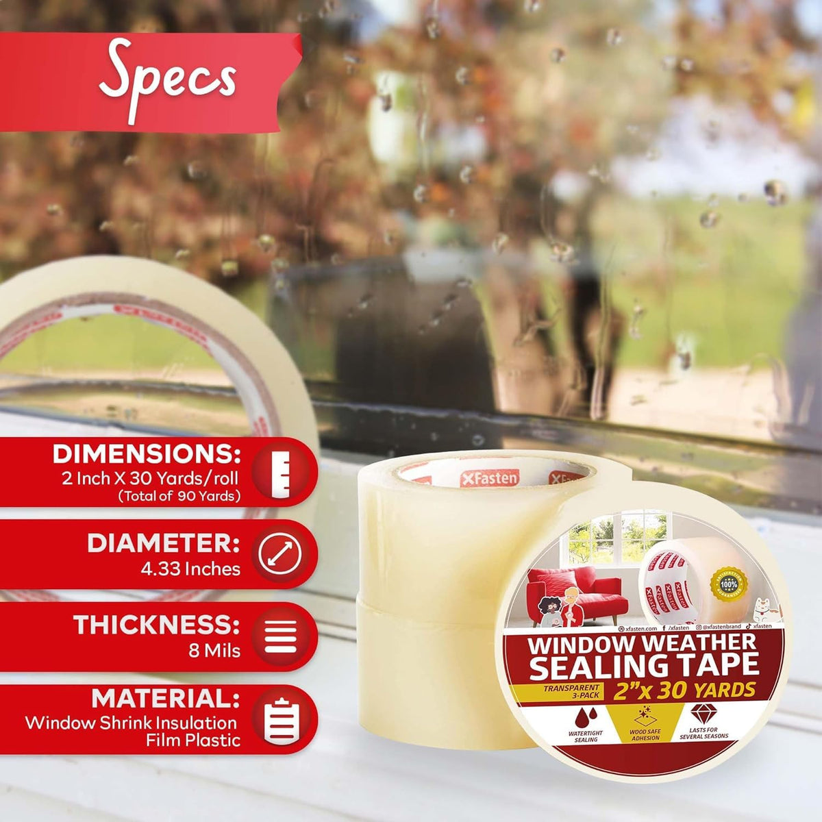 XFasten Transparent Window Weather Stripping Tape 2”x30yds (3-Pack Total 90yds), No Residue Insulation Tape for Windows and Doors, Winter Window Seal 2" x 30Yds 3PK Clear