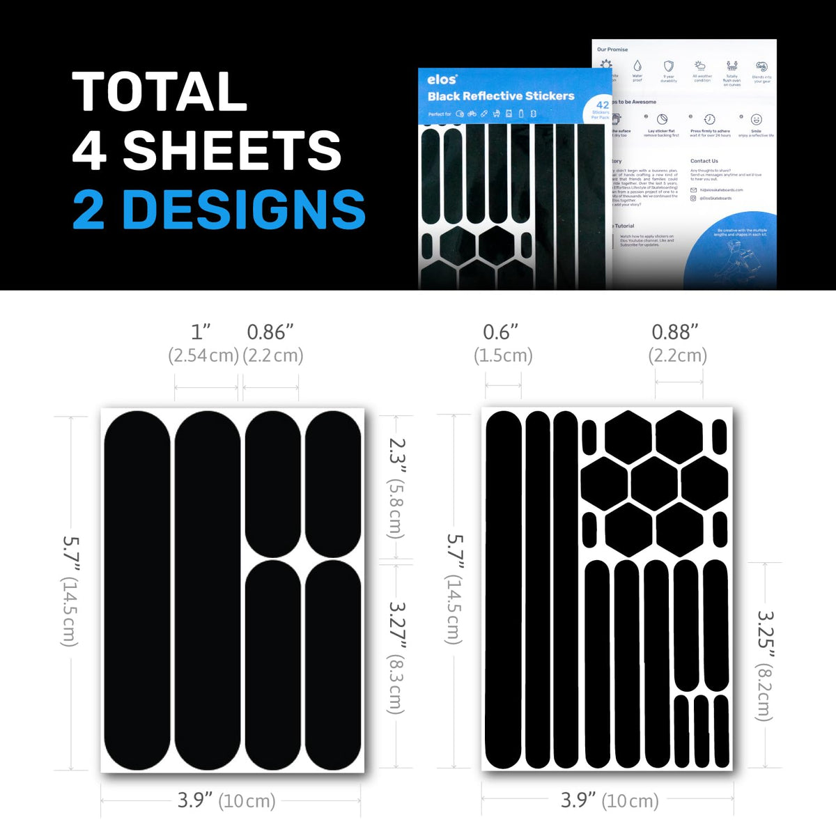 ELOS Reflective Gear 3M Reflective Black Stickers - Helmet Tape, Motorcycle Tape, Hi Viz Stickers for Helmets - Discreet Black Until Light Hits It (Combo Style) Combo Style 4.0