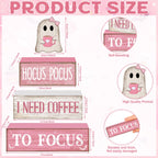 Moucuny 4 Pcs Pink Halloween Table Decor Ghost Wooden Stacked Block Decor Pink Coffee Ghost