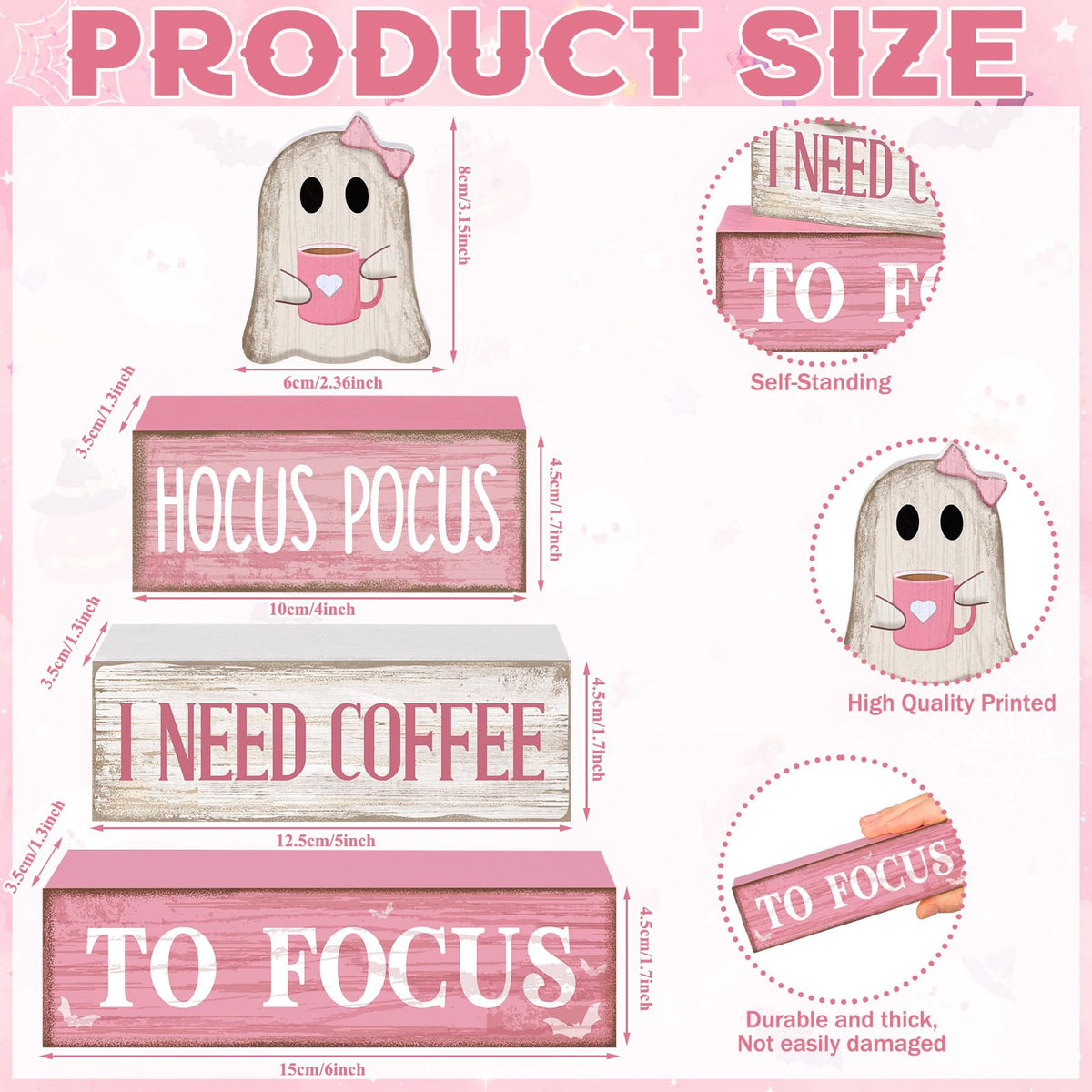 Moucuny 4 Pcs Pink Halloween Table Decor Ghost Wooden Stacked Block Decor Pink Coffee Ghost