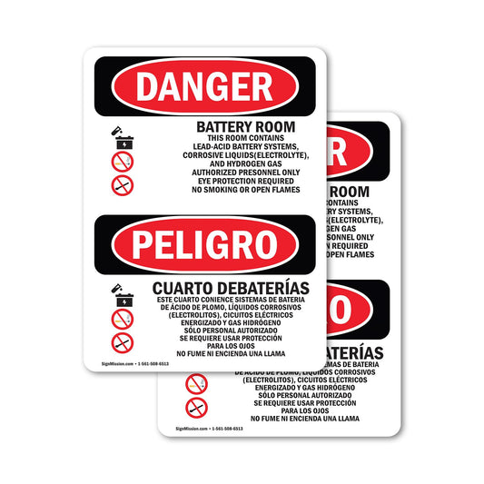 (2 Pack) Battery Room Bilingual OSHA Danger Sign 12 Inch X 18 Inch Vinyl Label Decal Sticker Weather Resistant, UV Protected for Workplace, Business, and Construction Site, Made in the USA Vinyl Decal
