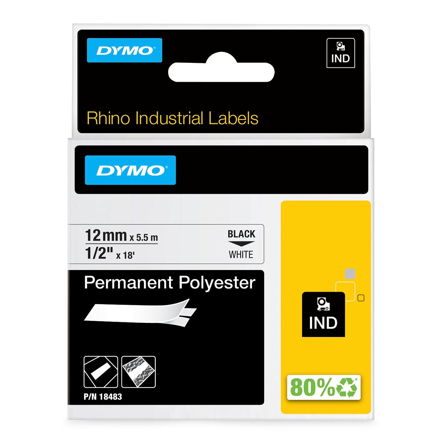 DYMO Rhino Industrial Permanent Polyester Labels, 1/2", Black Print on White Tape 1/2" (12MM)