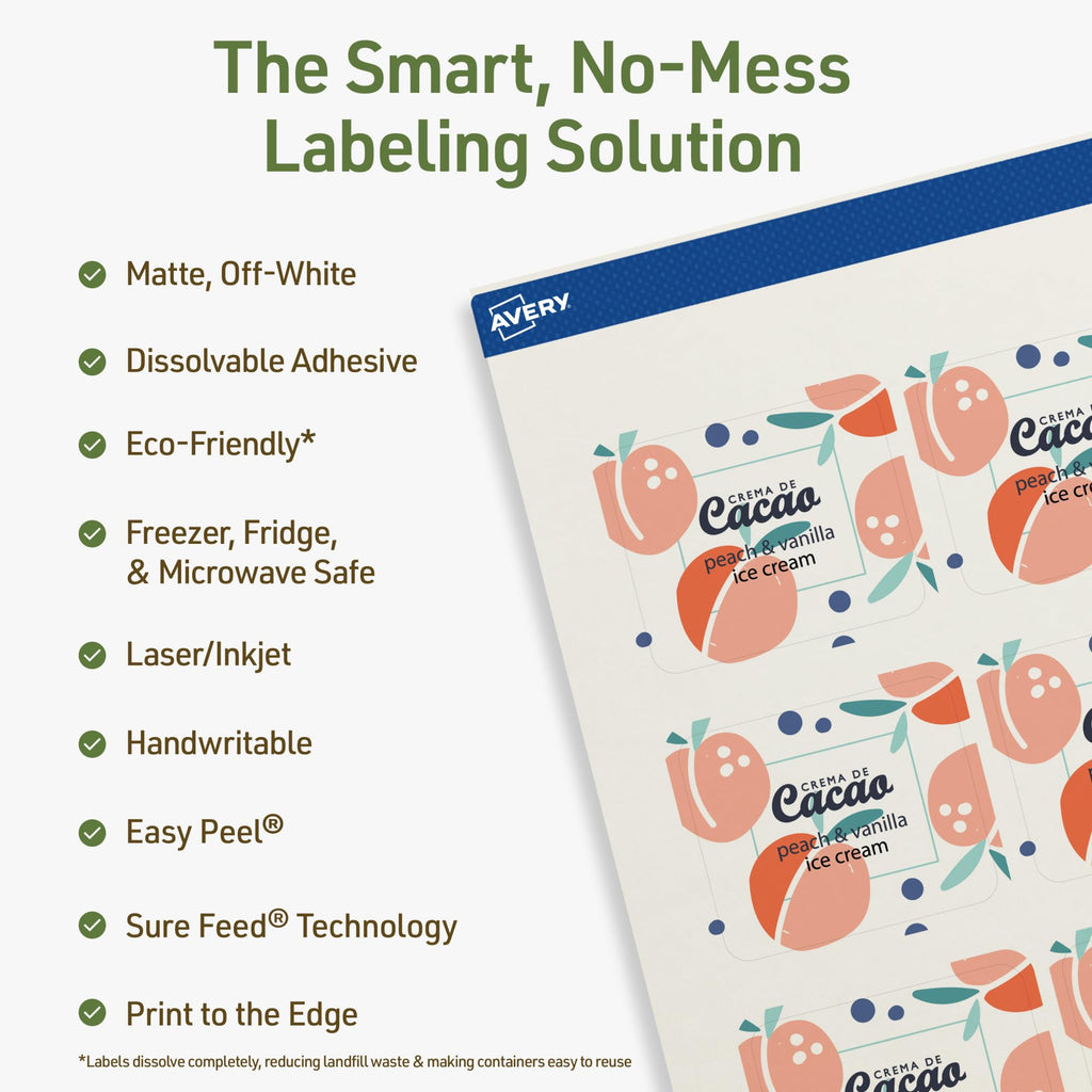 Avery Dissolvable Rectangle Labels, Sure Feed Technology, 1-13/16" x 2-3/16", Matte White, Print-to-The-Edge, Laser/Inkjet Printable, 120 Labels Total