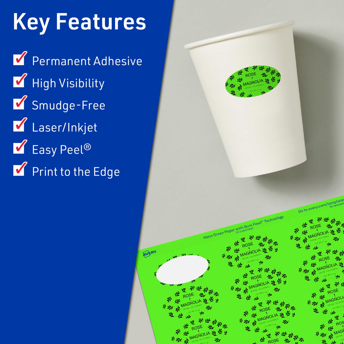 Avery® Printable Oval Labels, Sure Feed® Technology, 1-1/8" x 2-1/4", Neon Green Labels, Print-to-The-Edge, Laser/Inkjet Printable, 420 Total, Great for Soaps and Candles 420 labels