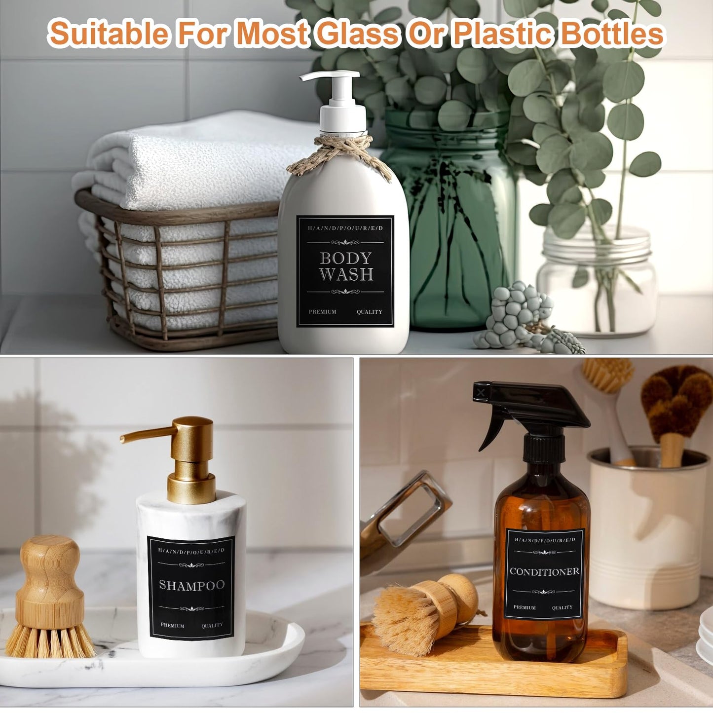 Waterproof Labels for Bottles, Ymapinc 30Pcs Removable Bathroom Organization Labels Stickers for Shampoo/Conditioner/Body Wash, Black Toiletry Labels for Plastic/Glass Bottles