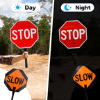 GicnKeuz 2 Pack Stop Slow Sign with Metal Handle, 13x13 inches Double Sided Slow/Stop sign, Traffic Reflective Aluminum Sign, Fade Resistant/Waterproof, Easy to Mount (Red & Orange) 13" x 13" - 2 packs of Stop Sign with handle