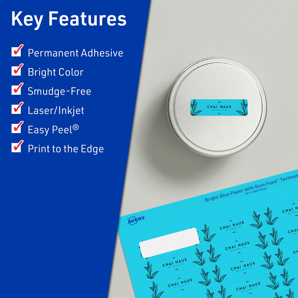 Avery® Printable Rectangle Labels, Sure Feed® Technology, 2/3" x 1-3/4", Bright Blue Labels, Print-to-The-Edge, Laser/Inkjet Printable, 880 Total, Great for Product Merchandising and Jars 880 labels