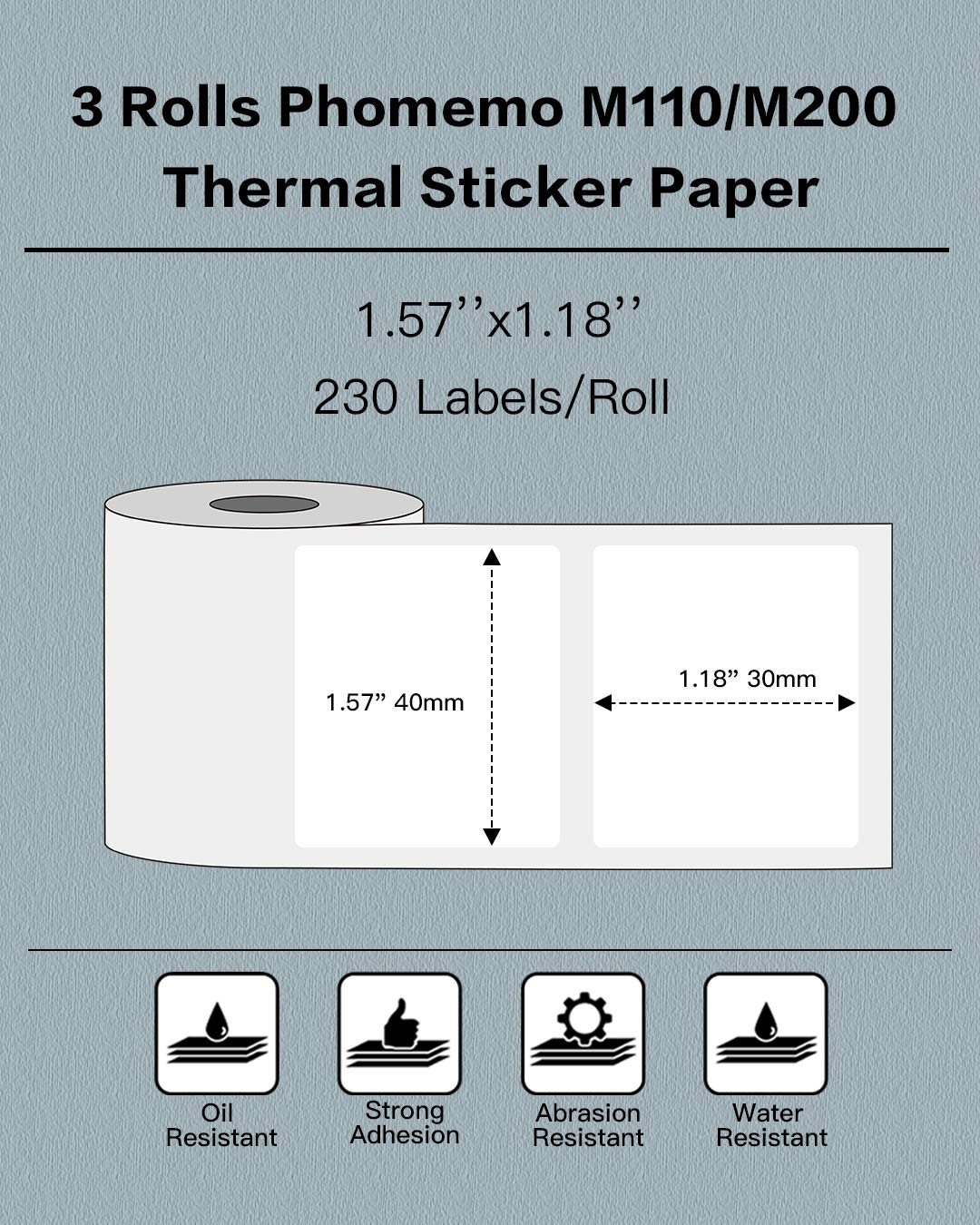 Phomemo Labels 3 Rolls, 1.57"x1.18", for M110/M100/M220/M108, 960 PCS White 1.57"x1.18"