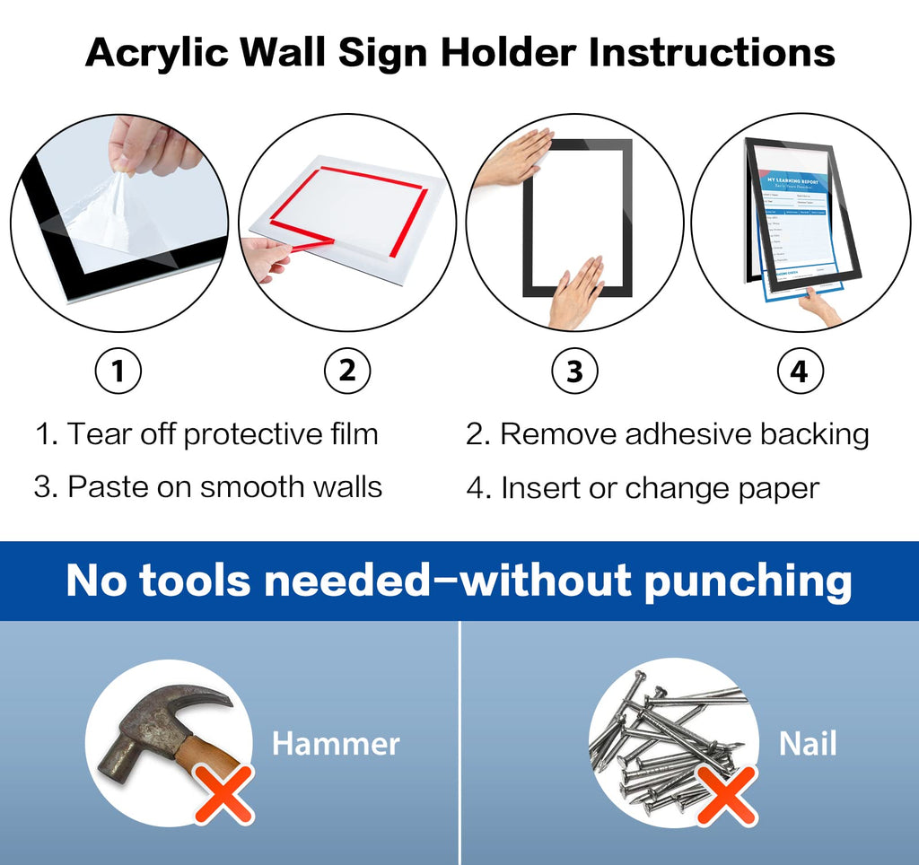 8.5" x 11" Acrylic Sign Holder Wall Mount, Self Adhesive Magnetic Display Frame with Nano Tape and Strong Magnetic Frames for Wall, Door, Glass, Home, Store, Office (Black, 3Pack) Black 3 Pack 8.5" x 11"